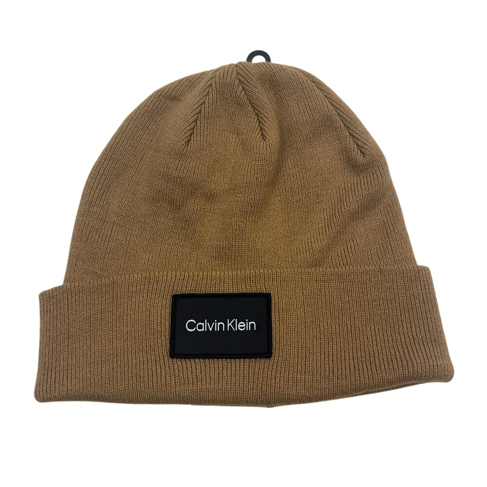 Calvin Klein Beanie Mens Camel Knit Logo Hat Acrylic One Size Stretch CK200285